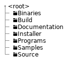 @startuml
salt
{
    {T
        + <root>
        ++ <&folder>Binaries
        ++ <&folder>Build
        ++ <&folder>Documentation
        ++ <&folder>Installer
        ++ <&folder>Programs
        ++ <&folder>Samples
        ++ <&folder>Source
    }
}
@enduml